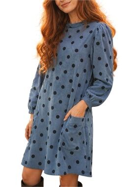 Zara Blue Corduroy Polka Dot Boho Cottagecore Long Sleeve Mini Dress Small